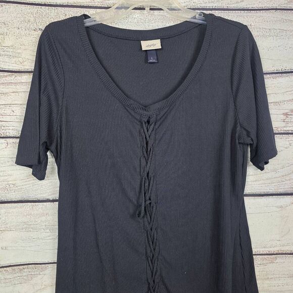 Daytrip Black Ribbed Lace-Up Front Top Large - Picture 2 of 6